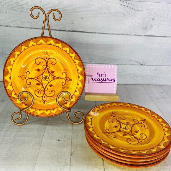 Pier 1 KARISTAN Yellow Orange Hand Painted Earthenware Salad Plates Set of 5 NEW - Picture 1 of 16